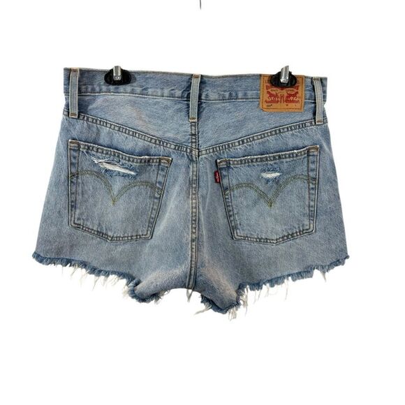 Ladies Levi’s 501 Button Fly Distressed Cut Off Shorts 32” Waist High Rise - Picture 3 of 12